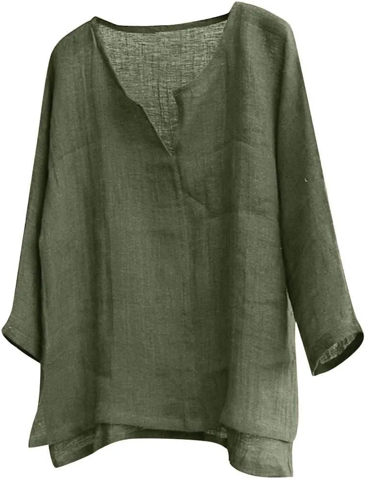 Men Cotton Linen Henley Shirts Hippie Baggy Breathable 3/4 Sleeve Blouse Summer Casual V Neck Beach Yoga Tunic Tops
