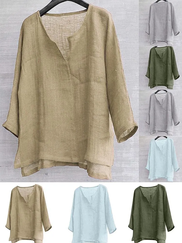 Men Cotton Linen Henley Shirts Hippie Baggy Breathable 3/4 Sleeve Blouse Summer Casual V Neck Beach Yoga Tunic Tops