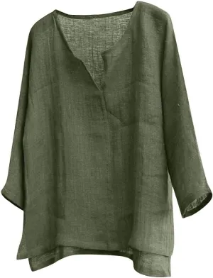 Men Cotton Linen Henley Shirts Hippie Baggy Breathable 3/4 Sleeve Blouse Summer Casual V Neck Beach Yoga Tunic Tops