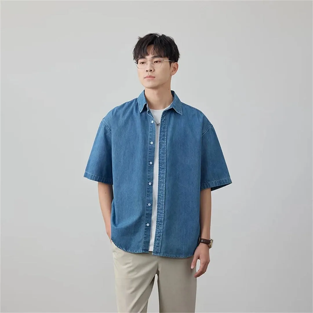 Men Streetwear Loose Plus Size Short Sleeve Denim Oversize Jeans Shirts Blouses