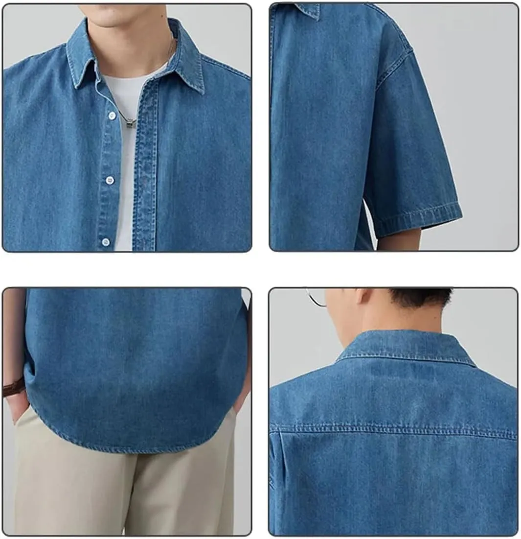 Men Streetwear Loose Plus Size Short Sleeve Denim Oversize Jeans Shirts Blouses