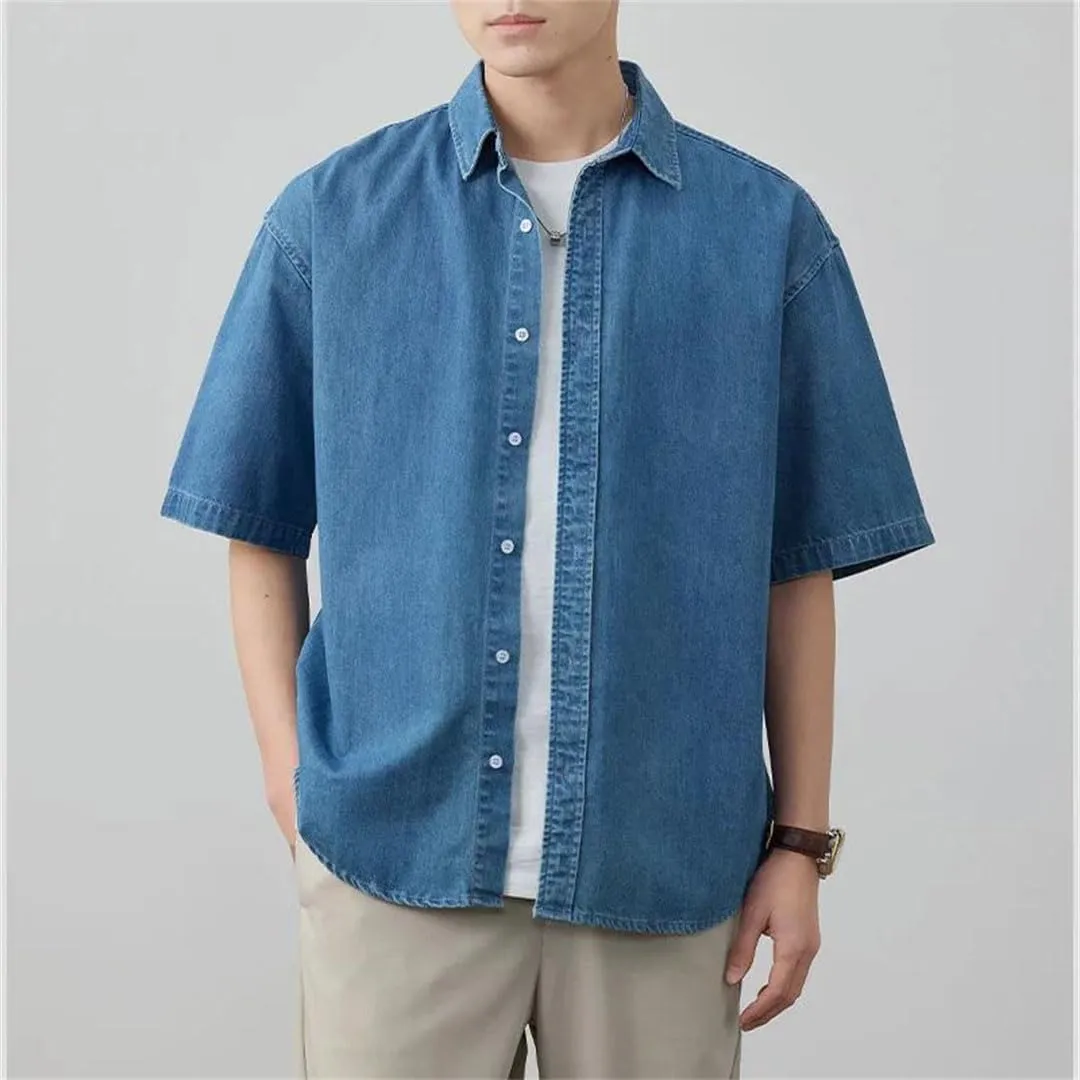 Men Streetwear Loose Plus Size Short Sleeve Denim Oversize Jeans Shirts Blouses