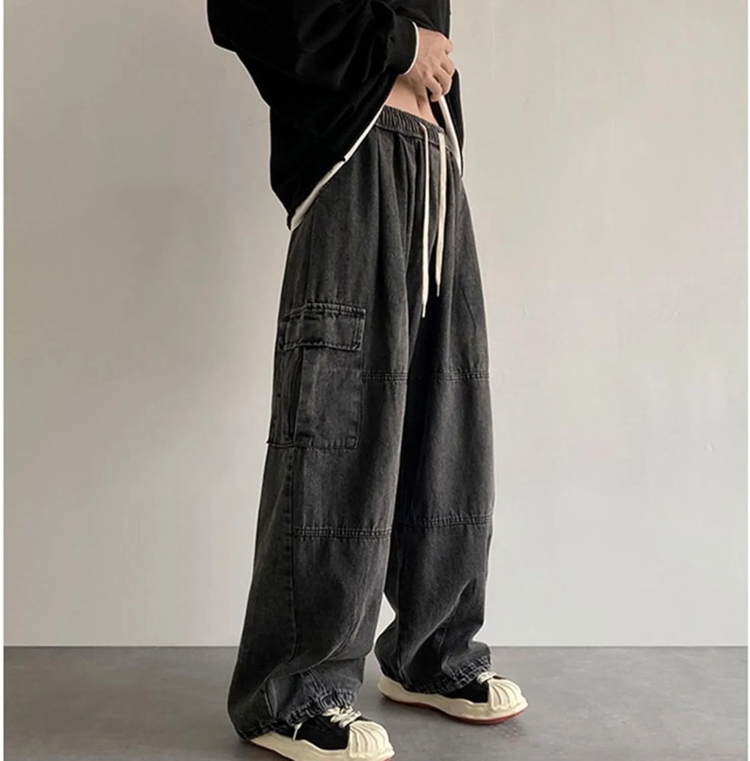 Men Vintage Baggy Jeans with Multiple Pockets Casual Hip Hop Straight Leg Jeans Fashion Cargo Distressed Loose Jean