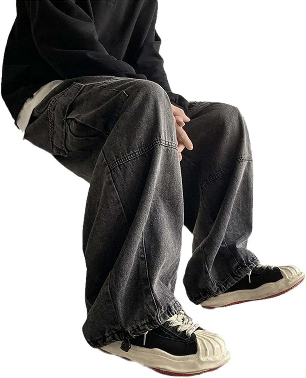 Men Vintage Baggy Jeans with Multiple Pockets Casual Hip Hop Straight Leg Jeans Fashion Cargo Distressed Loose Jean