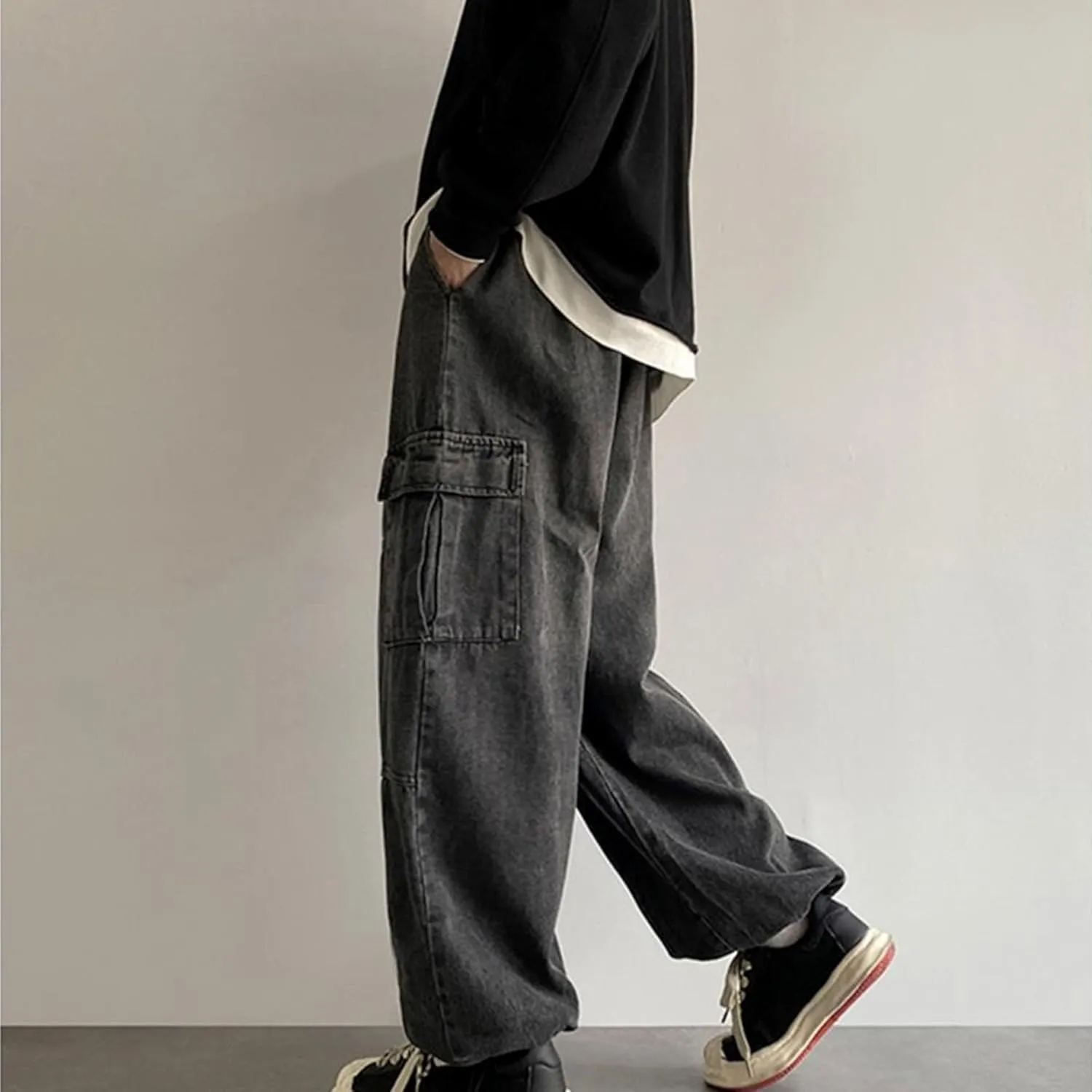 Men Vintage Baggy Jeans with Multiple Pockets Casual Hip Hop Straight Leg Jeans Fashion Cargo Distressed Loose Jean