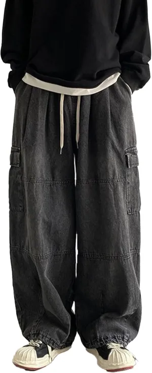 Men Vintage Baggy Jeans with Multiple Pockets Casual Hip Hop Straight Leg Jeans Fashion Cargo Distressed Loose Jean