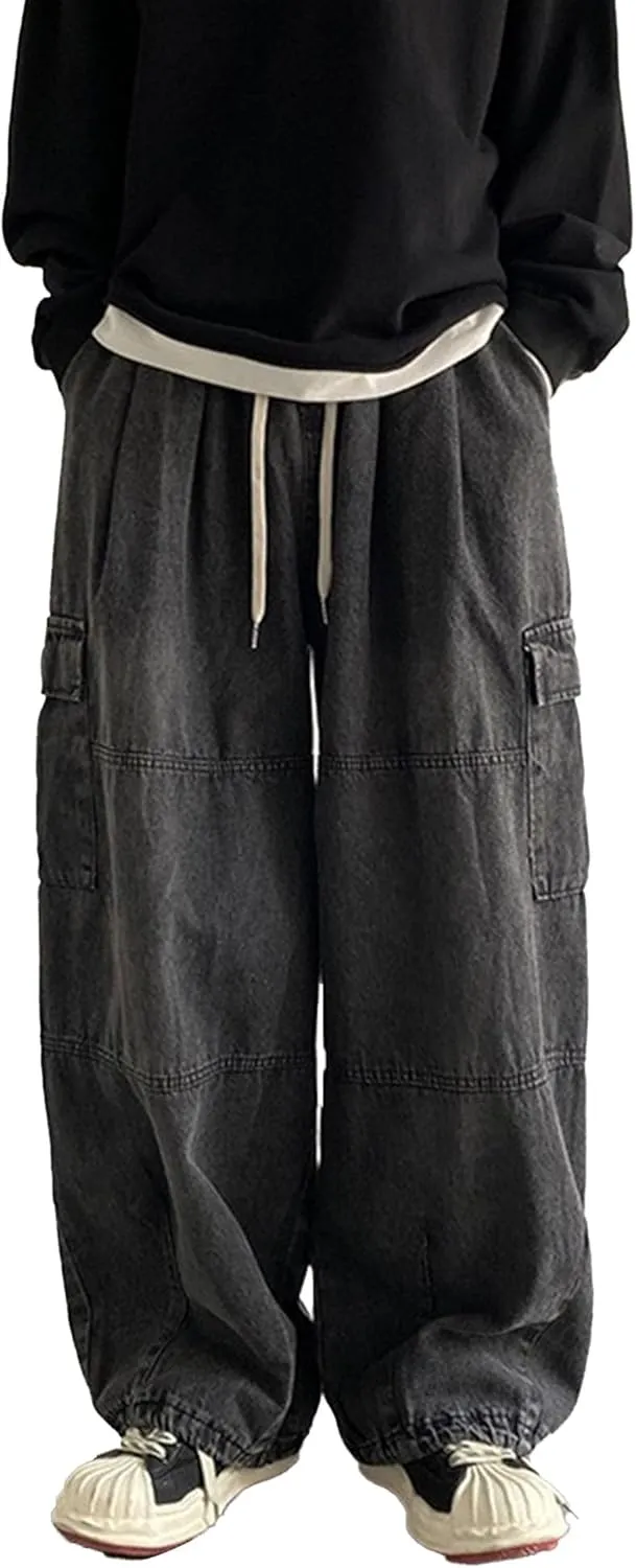 Men Vintage Baggy Jeans with Multiple Pockets Casual Hip Hop Straight Leg Jeans Fashion Cargo Distressed Loose Jean