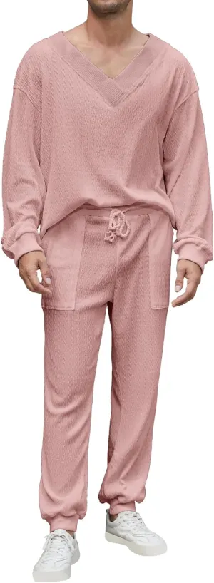 Men's 2 Piece Outfits Long Sleeve V Neck Casual Waffle Knit Pullover Tops Drawstring Pants Loungewear Pajama Sets