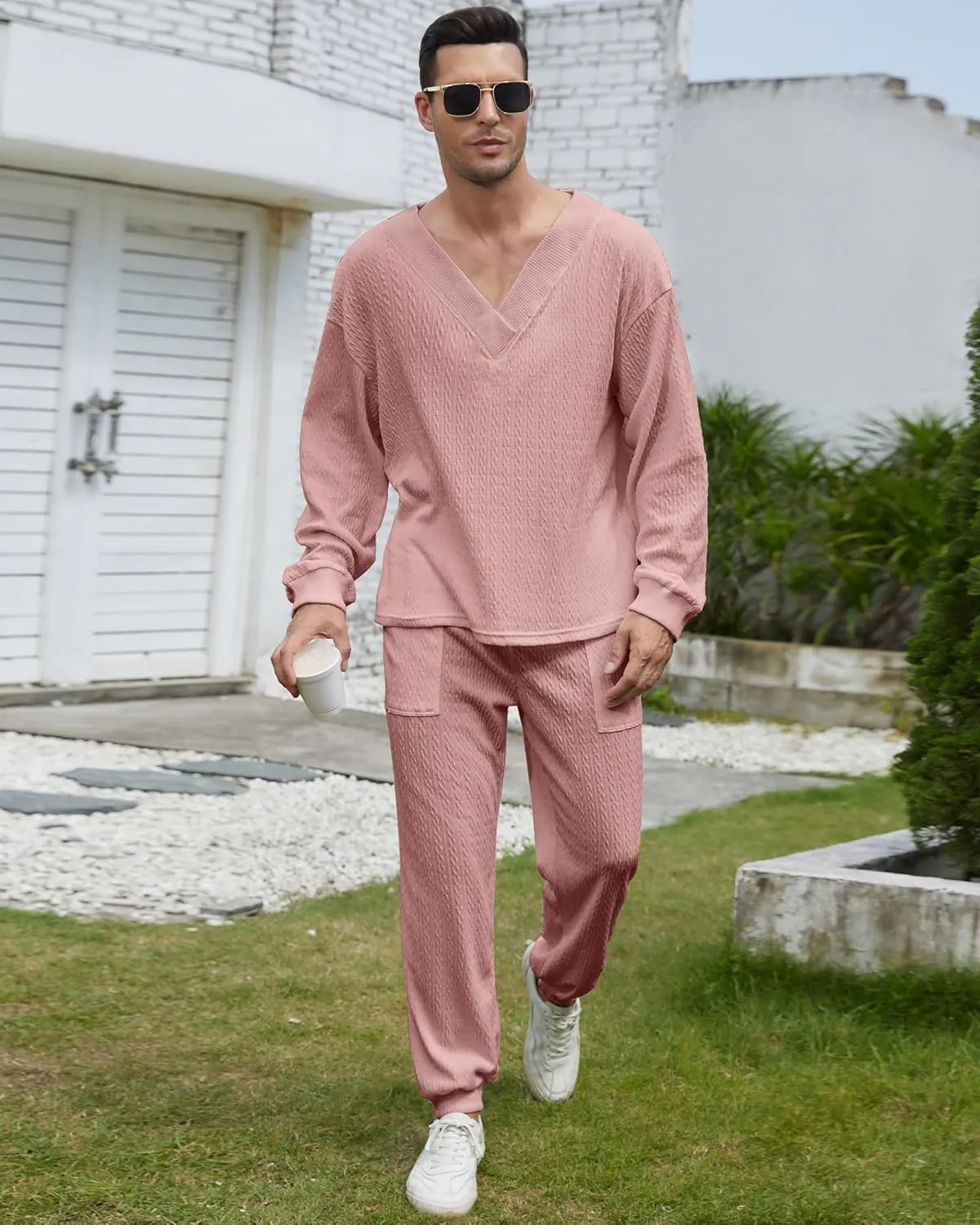 Men's 2 Piece Outfits Long Sleeve V Neck Casual Waffle Knit Pullover Tops Drawstring Pants Loungewear Pajama Sets