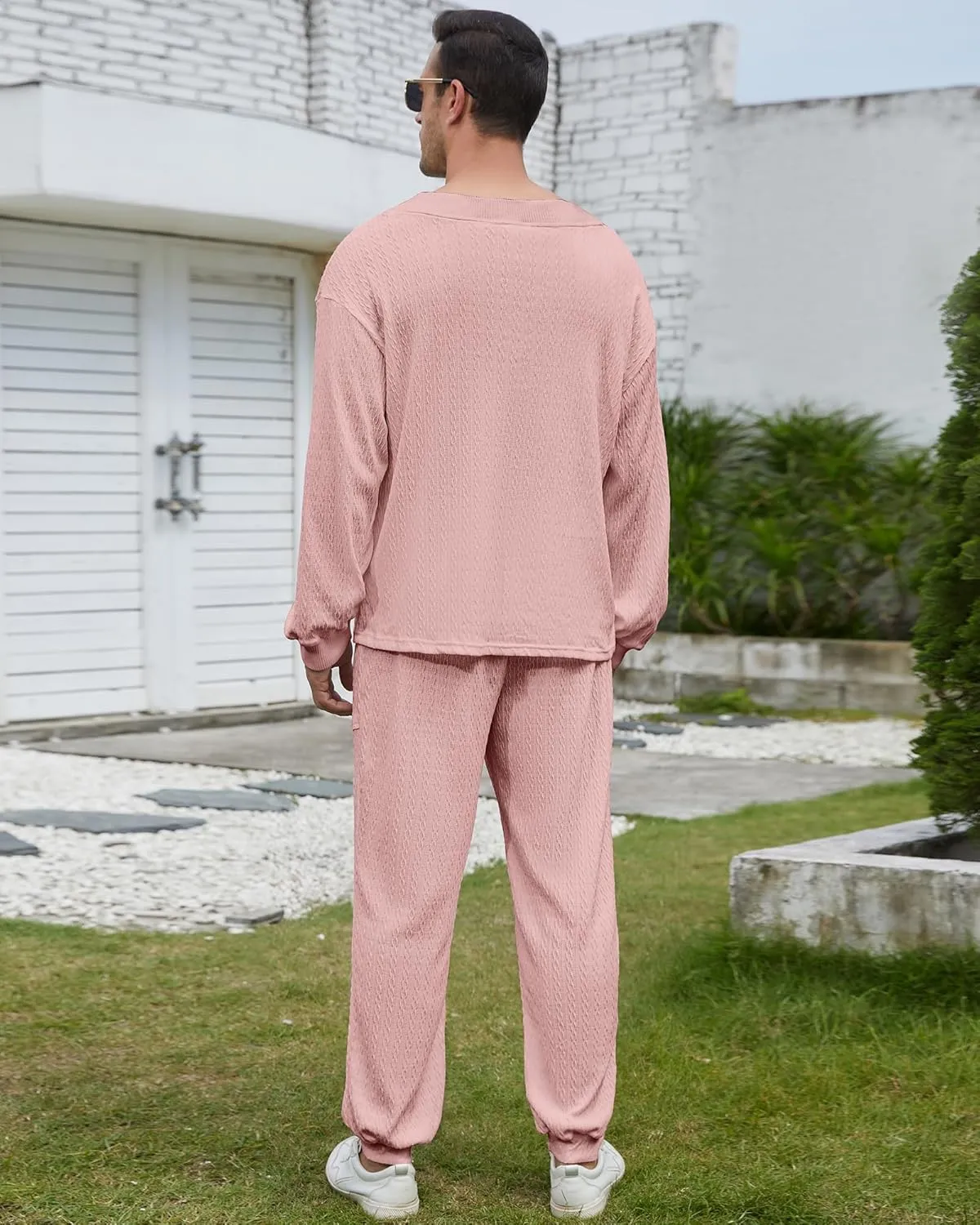 Men's 2 Piece Outfits Long Sleeve V Neck Casual Waffle Knit Pullover Tops Drawstring Pants Loungewear Pajama Sets