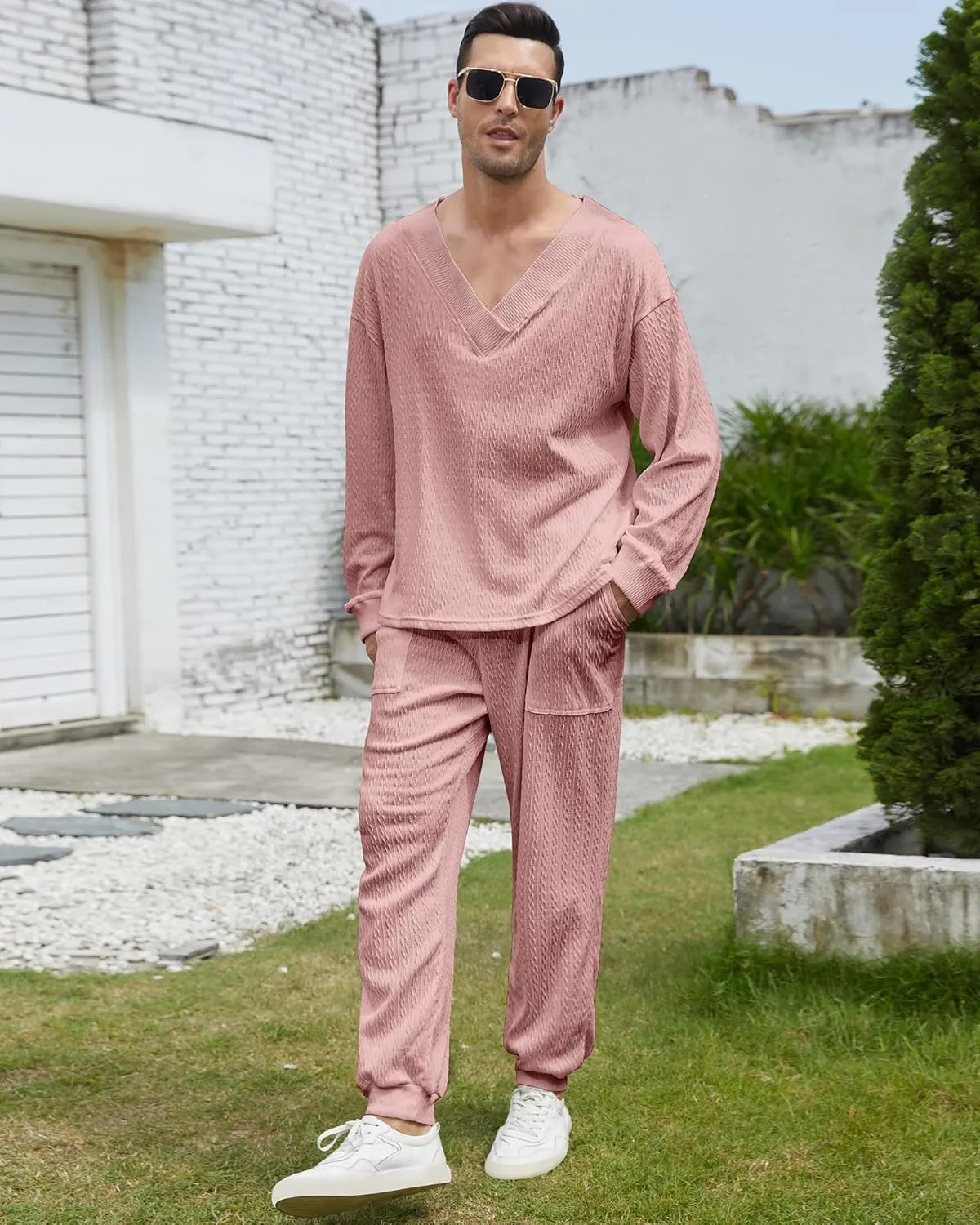 Men's 2 Piece Outfits Long Sleeve V Neck Casual Waffle Knit Pullover Tops Drawstring Pants Loungewear Pajama Sets
