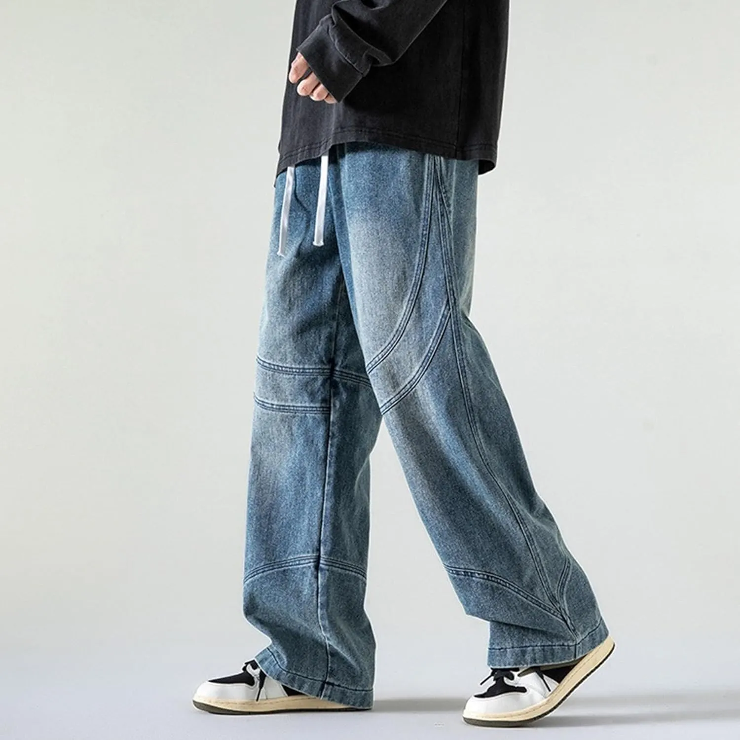 Mens Baggy Jeans Vintage Relaxed Straight Leg Denim Pants Hip Hop Loose Fit Elastic Waist Distressed Trousers