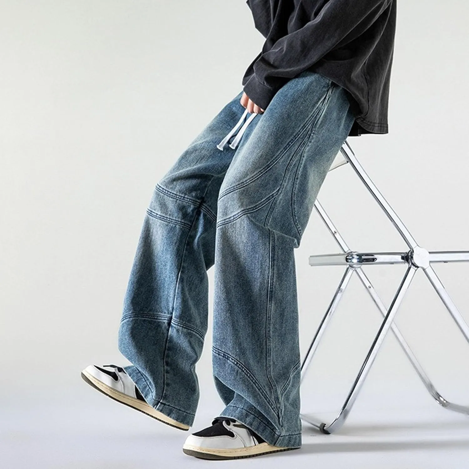 Mens Baggy Jeans Vintage Relaxed Straight Leg Denim Pants Hip Hop Loose Fit Elastic Waist Distressed Trousers