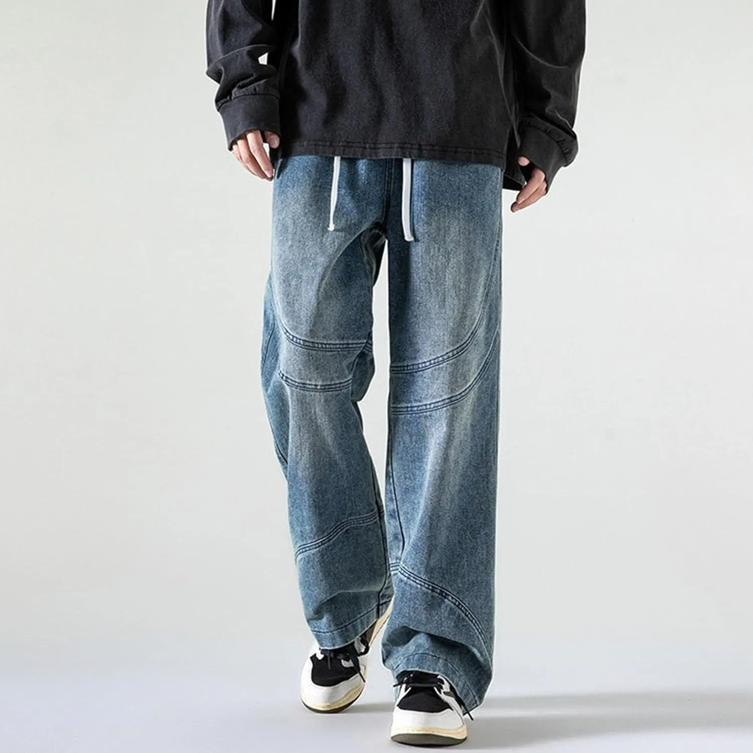 Mens Baggy Jeans Vintage Relaxed Straight Leg Denim Pants Hip Hop Loose Fit Elastic Waist Distressed Trousers