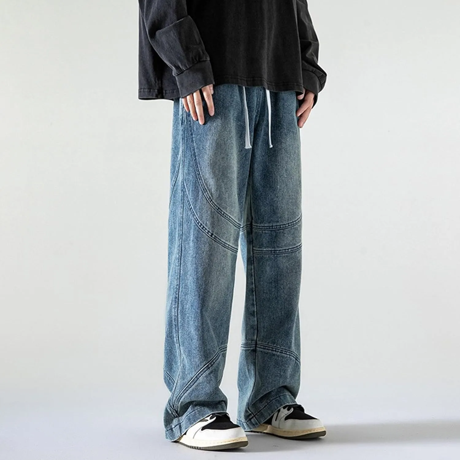 Mens Baggy Jeans Vintage Relaxed Straight Leg Denim Pants Hip Hop Loose Fit Elastic Waist Distressed Trousers