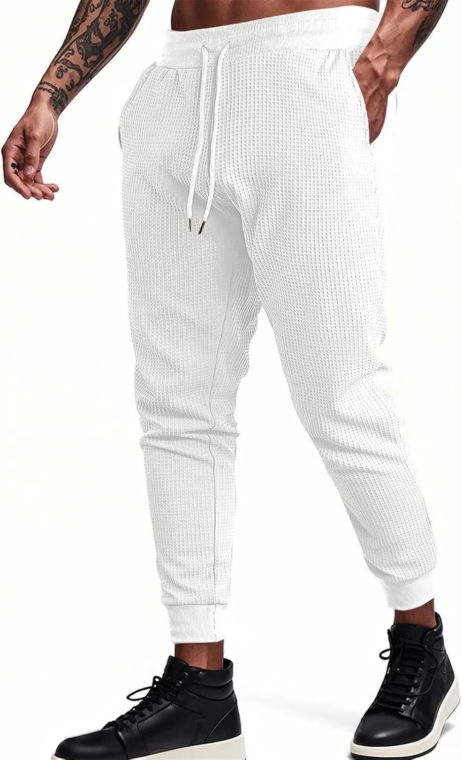 Mens Cargo Work Pants Waffle Drawstring Elastic Waist Casual Loose Relaxed Fit Breathable Stretch Hiking Sweatpants