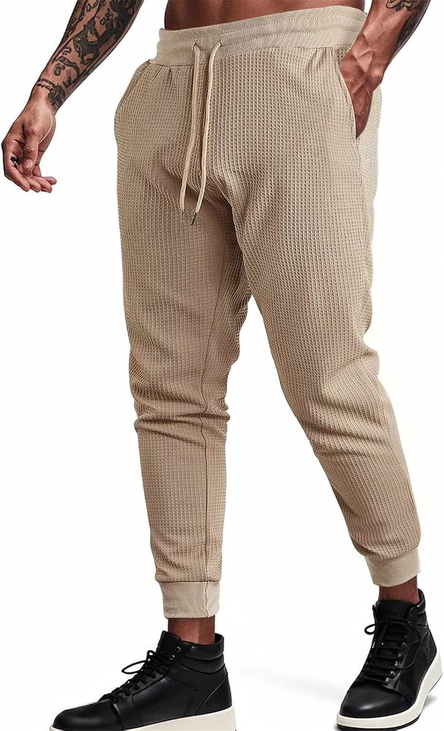 Mens Cargo Work Pants Waffle Drawstring Elastic Waist Casual Loose Relaxed Fit Breathable Stretch Hiking Sweatpants