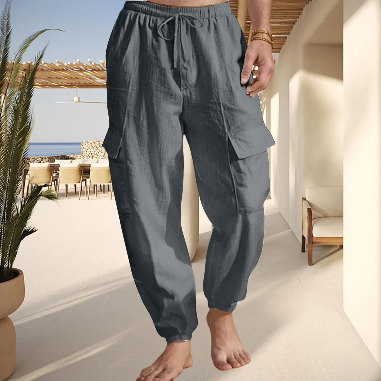 Mens Casual Cargo Pants Summer Elastic Waist Drawstring Pants Relaxed Fit Breathable Yoga Beach Trousers with Pockets