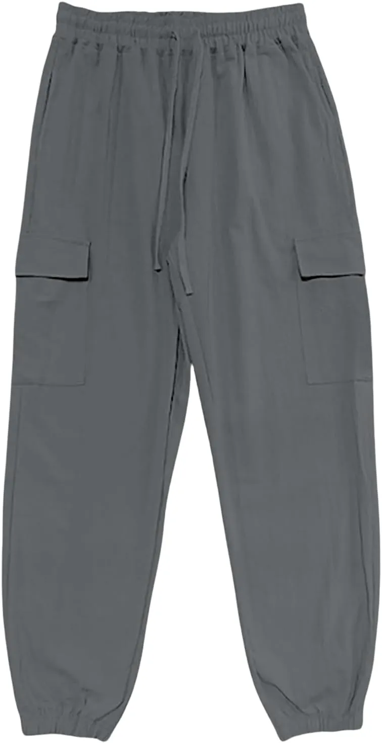 Mens Casual Cargo Pants Summer Elastic Waist Drawstring Pants Relaxed Fit Breathable Yoga Beach Trousers with Pockets