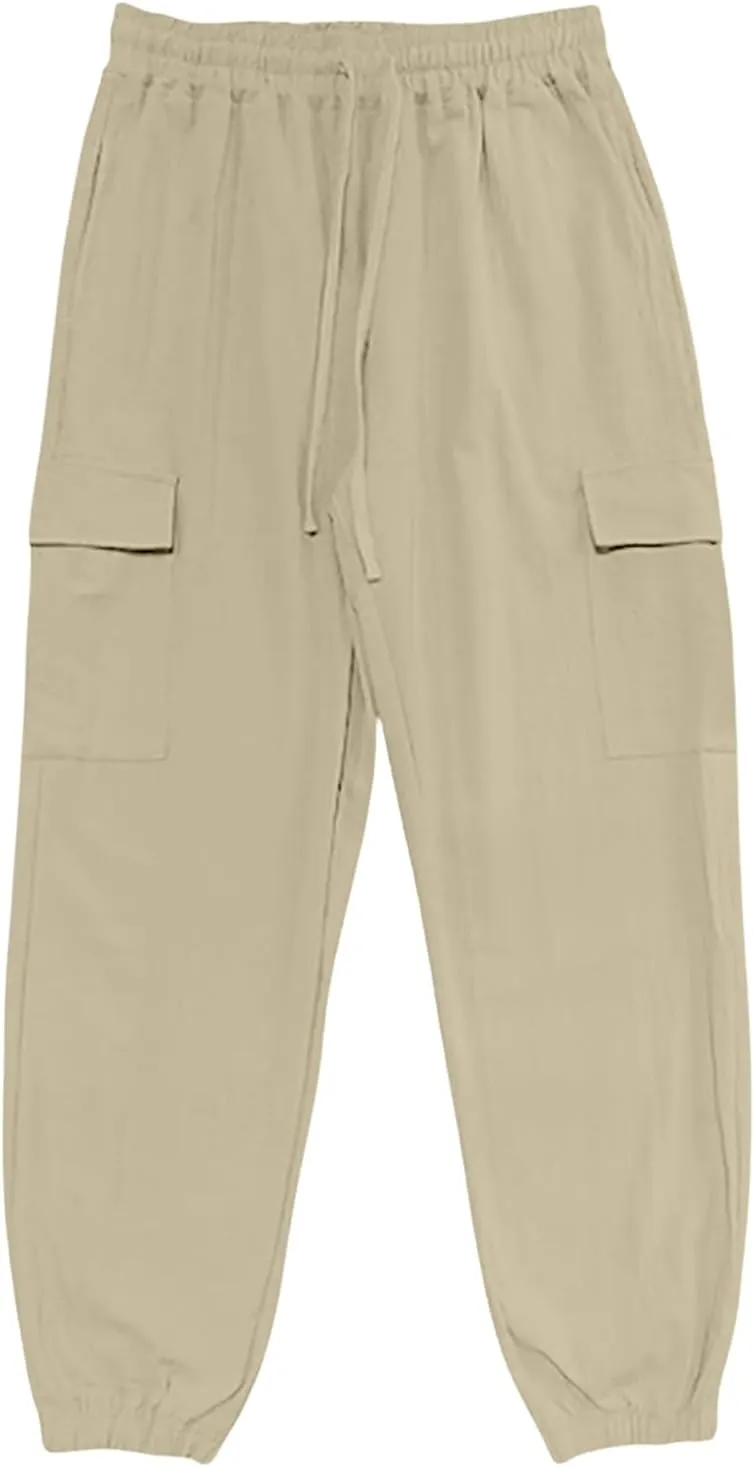 Mens Casual Cargo Pants Summer Elastic Waist Drawstring Pants Relaxed Fit Breathable Yoga Beach Trousers with Pockets