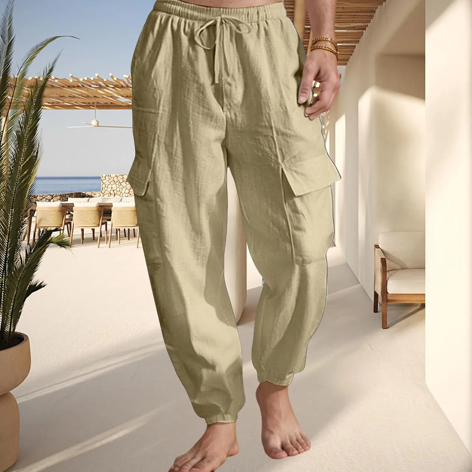Mens Casual Cargo Pants Summer Elastic Waist Drawstring Pants Relaxed Fit Breathable Yoga Beach Trousers with Pockets