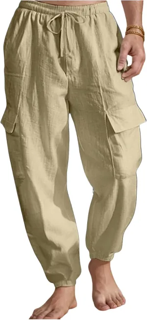 Mens Casual Cargo Pants Summer Elastic Waist Drawstring Pants Relaxed Fit Breathable Yoga Beach Trousers with Pockets