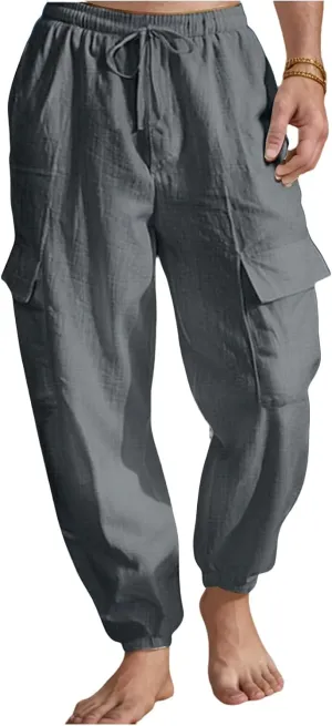 Mens Casual Cargo Pants Summer Elastic Waist Drawstring Pants Relaxed Fit Breathable Yoga Beach Trousers with Pockets