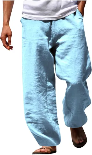 Men's Casual Cotton Linen Pants Loose Fit Elastic Waist Drawstring Lightweight Pant Summer Beach Breathable Trousers