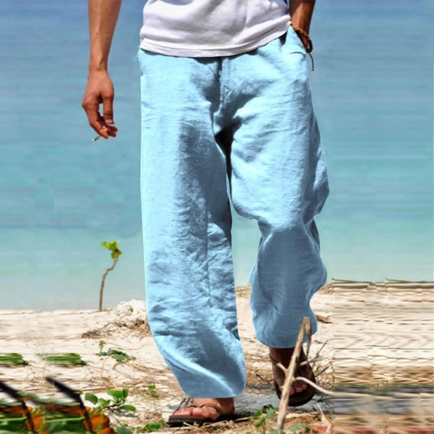 Men's Casual Cotton Linen Pants Loose Fit Elastic Waist Drawstring Lightweight Pant Summer Beach Breathable Trousers