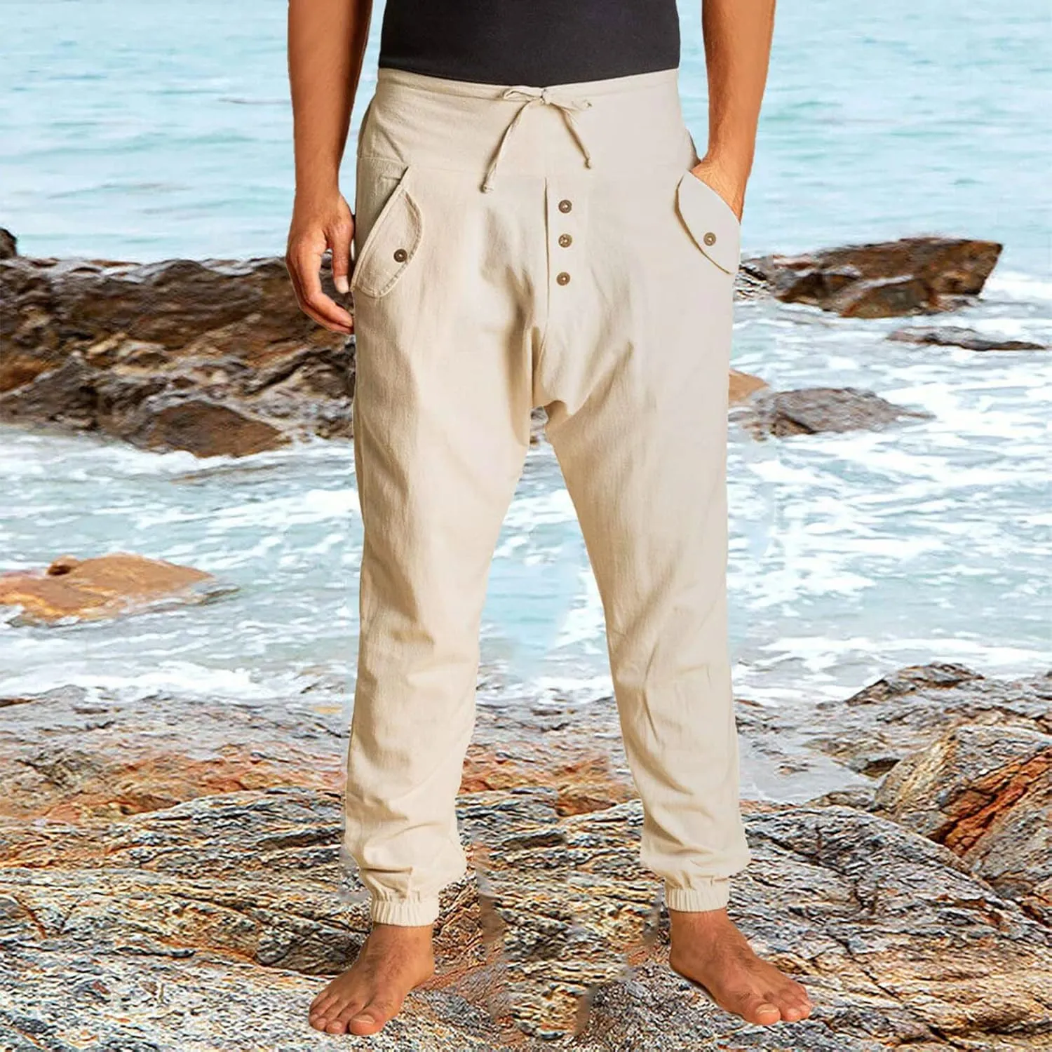 Mens Casual Cotton Pants Drawstring Elastic Waist Loose Linen Sweatpants Lightweight Breathable Workout Trousers