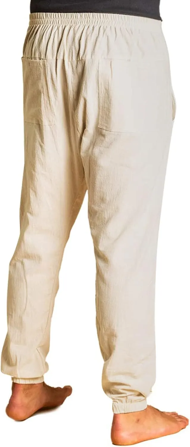 Mens Casual Cotton Pants Drawstring Elastic Waist Loose Linen Sweatpants Lightweight Breathable Workout Trousers