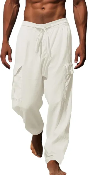 Mens Casual Cotton Pants Elastic Waist Drawstring Straight Pant Trousers Loose Breathable Cargo Outdoor Sweatpants