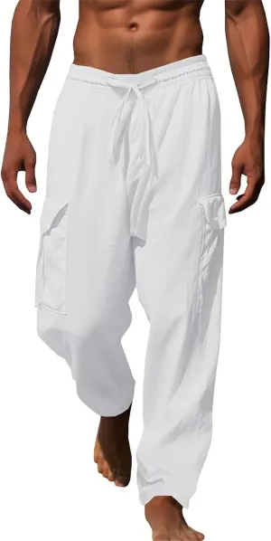 Mens Casual Cotton Pants Elastic Waist Drawstring Straight Pant Trousers Loose Breathable Cargo Outdoor Sweatpants