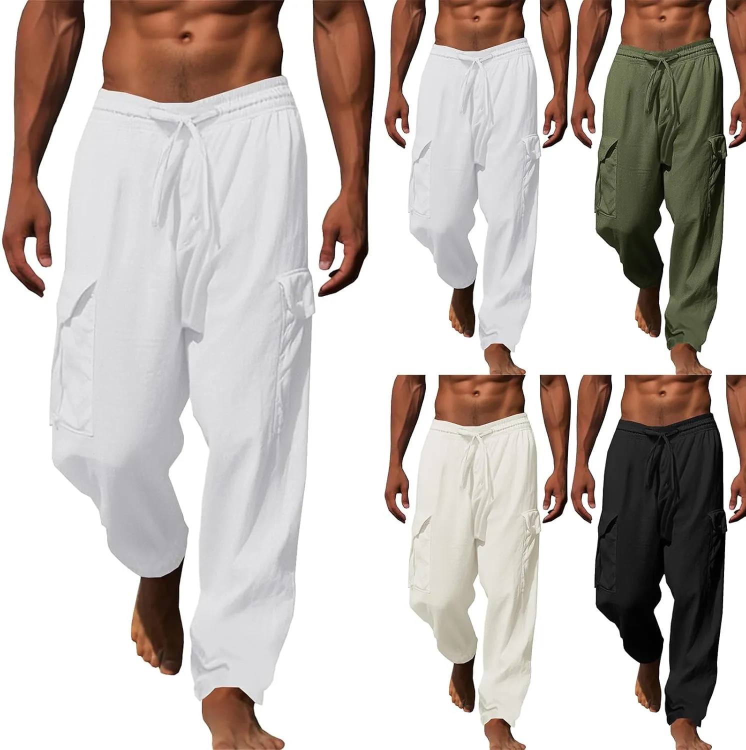 Mens Casual Cotton Pants Elastic Waist Drawstring Straight Pant Trousers Loose Breathable Cargo Outdoor Sweatpants