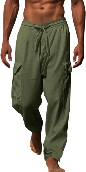Mens Casual Cotton Pants Elastic Waist Drawstring Straight Pant Trousers Loose Breathable Cargo Outdoor Sweatpants