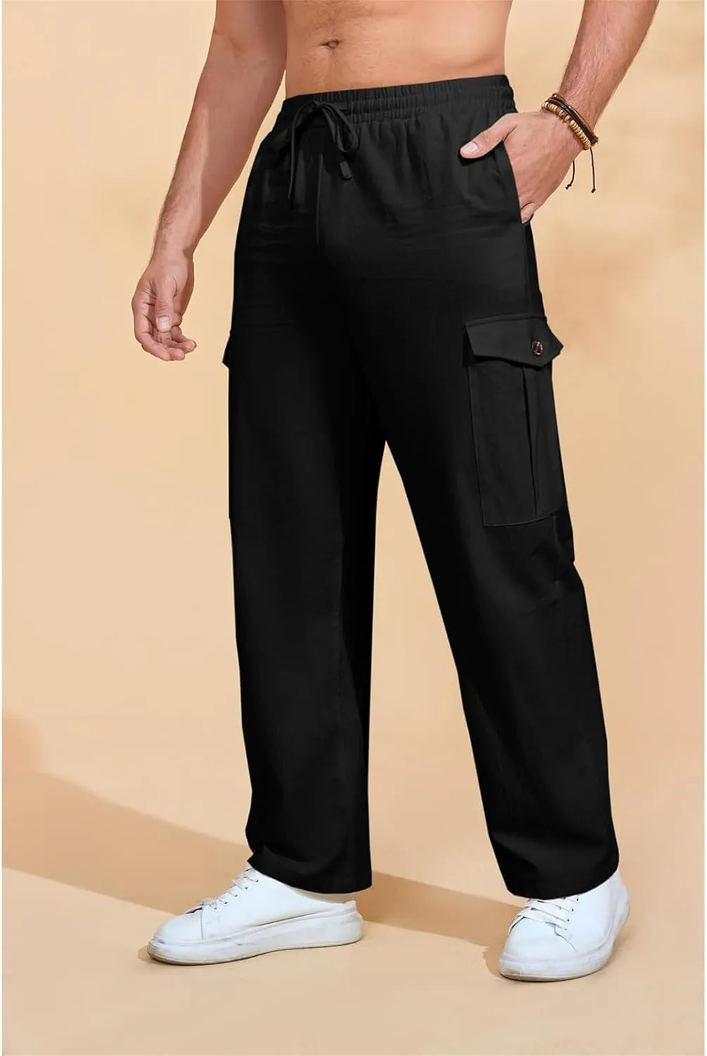 Mens Casual Cotton Pants Elastic Waist Drawstring Straight Pant Trousers Loose Breathable Cargo Outdoor Sweatpants