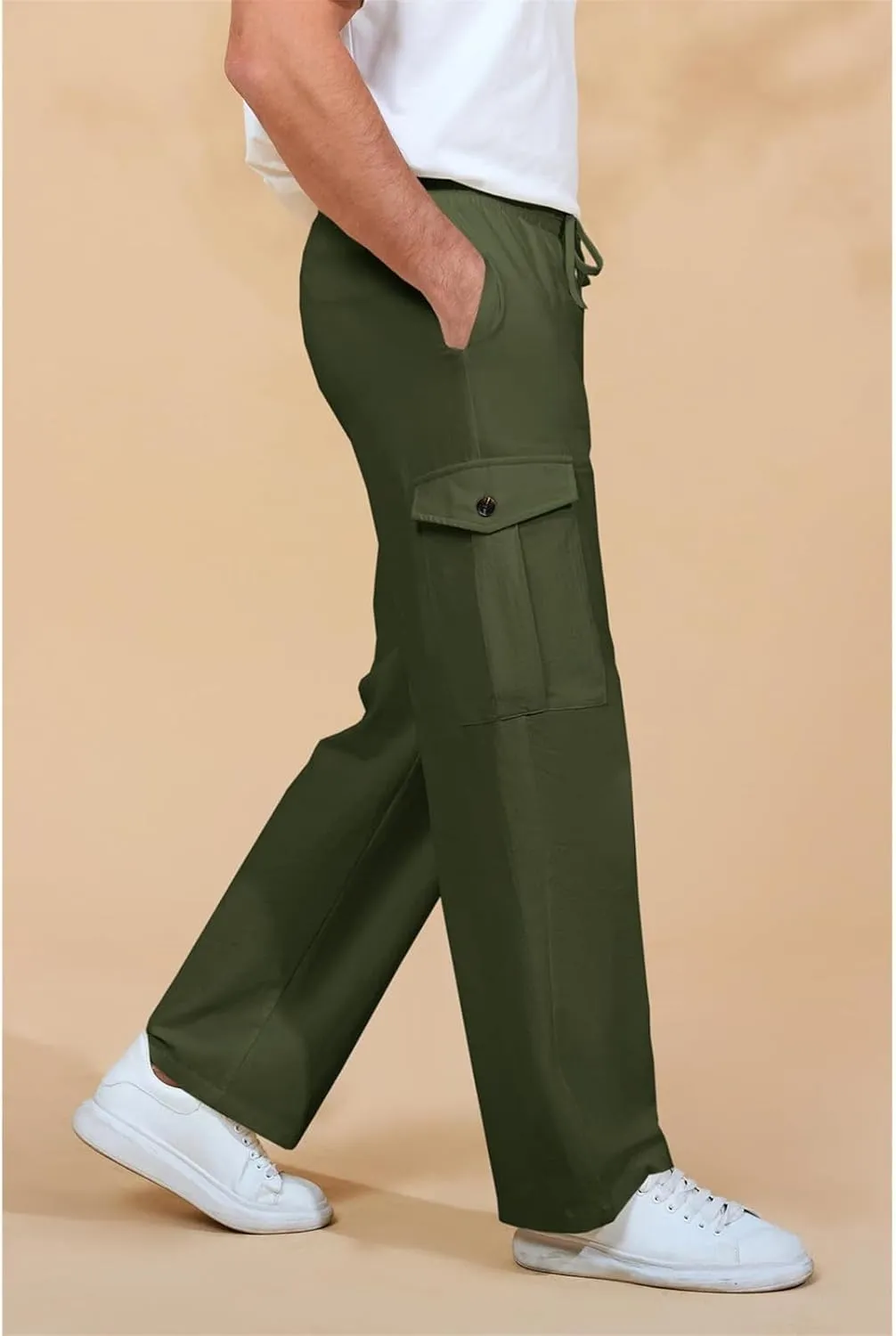Mens Casual Cotton Pants Elastic Waist Drawstring Straight Pant Trousers Loose Breathable Cargo Outdoor Sweatpants