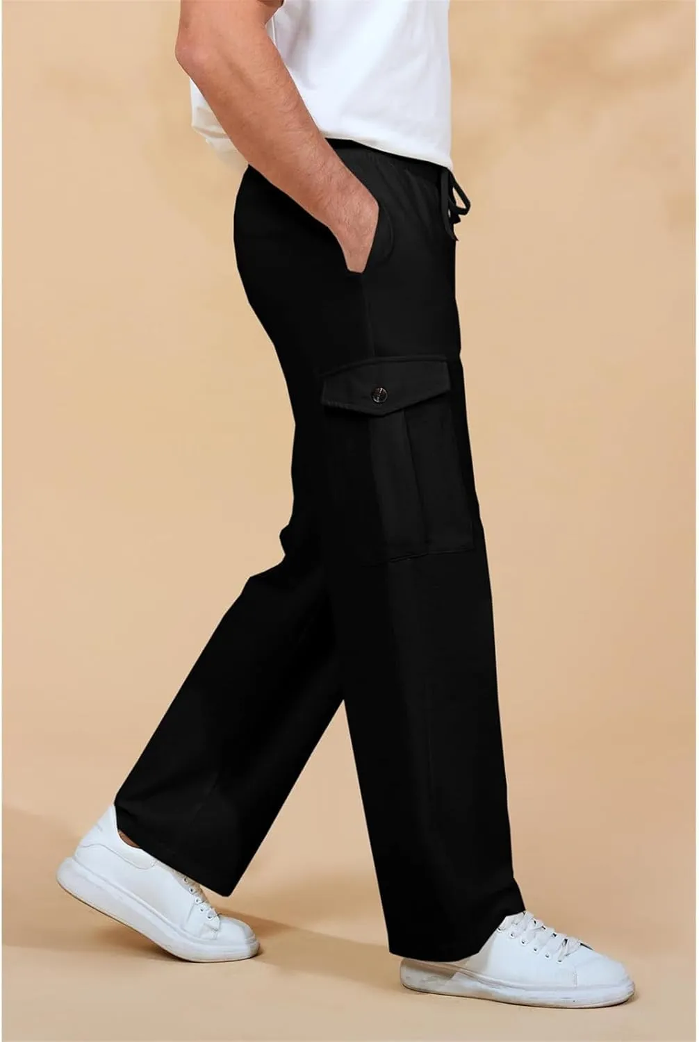 Mens Casual Cotton Pants Elastic Waist Drawstring Straight Pant Trousers Loose Breathable Cargo Outdoor Sweatpants