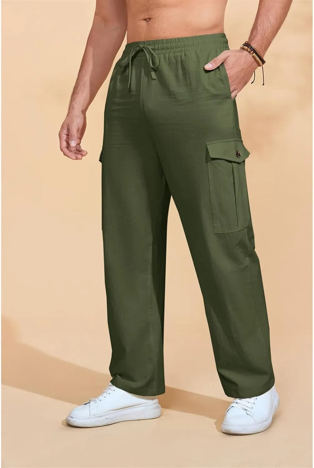 Mens Casual Cotton Pants Elastic Waist Drawstring Straight Pant Trousers Loose Breathable Cargo Outdoor Sweatpants