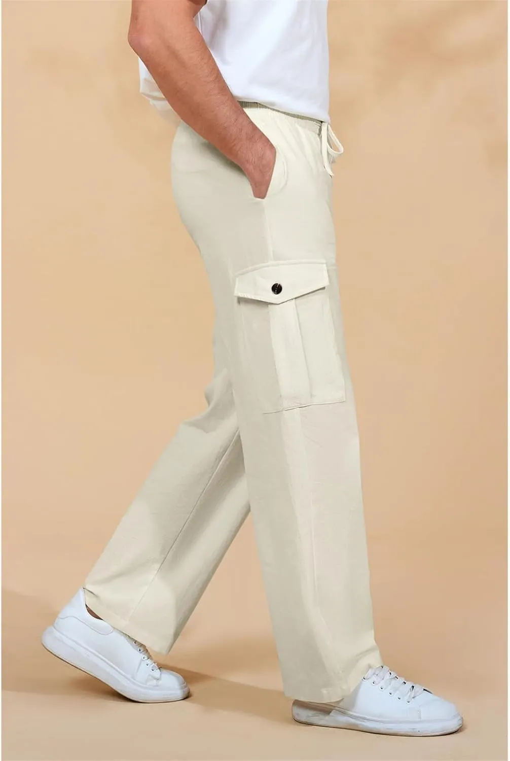 Mens Casual Cotton Pants Elastic Waist Drawstring Straight Pant Trousers Loose Breathable Cargo Outdoor Sweatpants