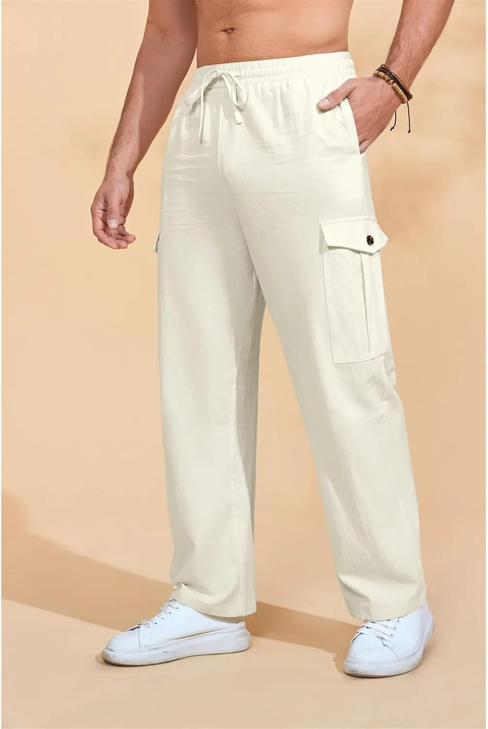 Mens Casual Cotton Pants Elastic Waist Drawstring Straight Pant Trousers Loose Breathable Cargo Outdoor Sweatpants