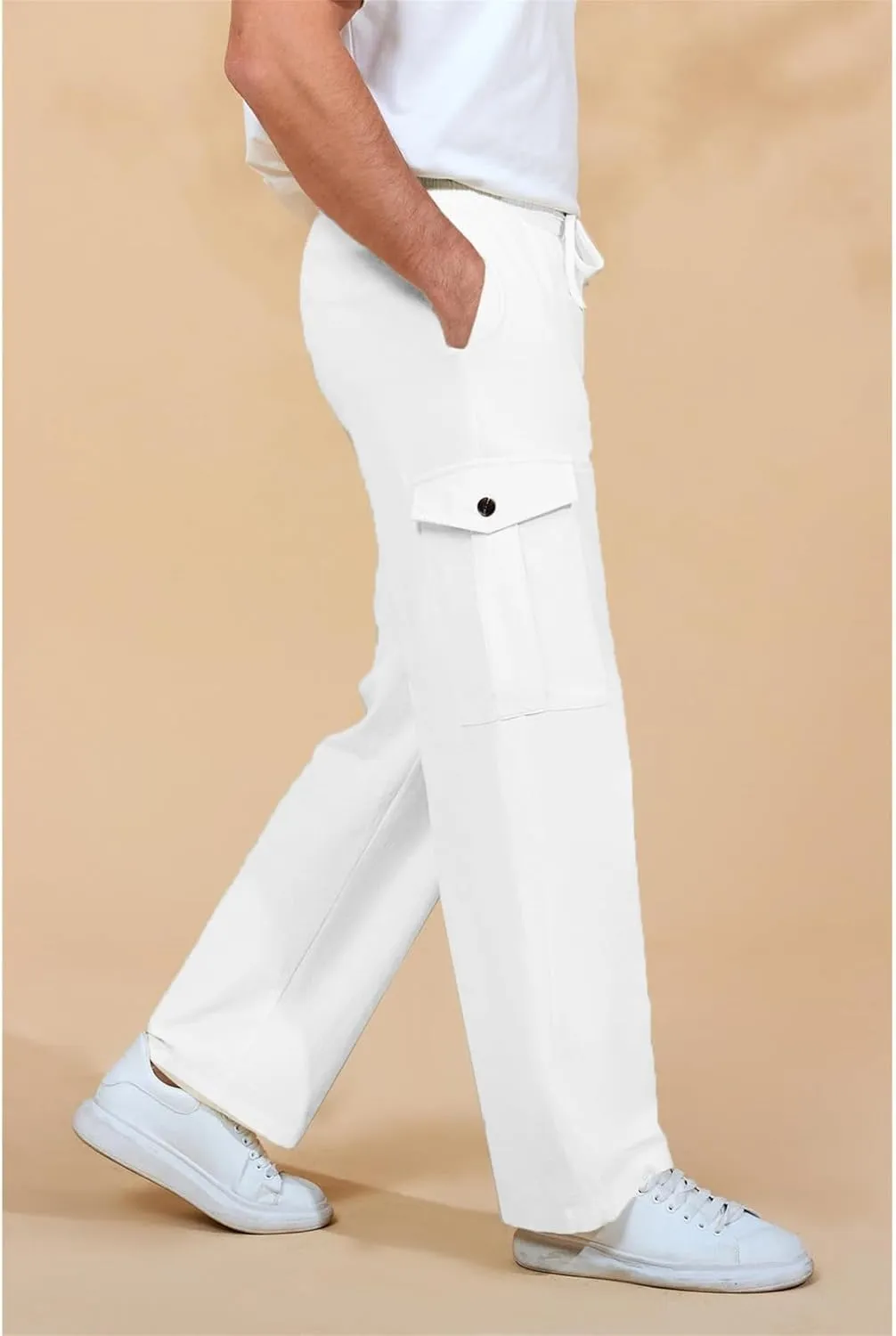 Mens Casual Cotton Pants Elastic Waist Drawstring Straight Pant Trousers Loose Breathable Cargo Outdoor Sweatpants