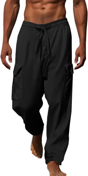 Mens Casual Cotton Pants Elastic Waist Drawstring Straight Pant Trousers Loose Breathable Cargo Outdoor Sweatpants