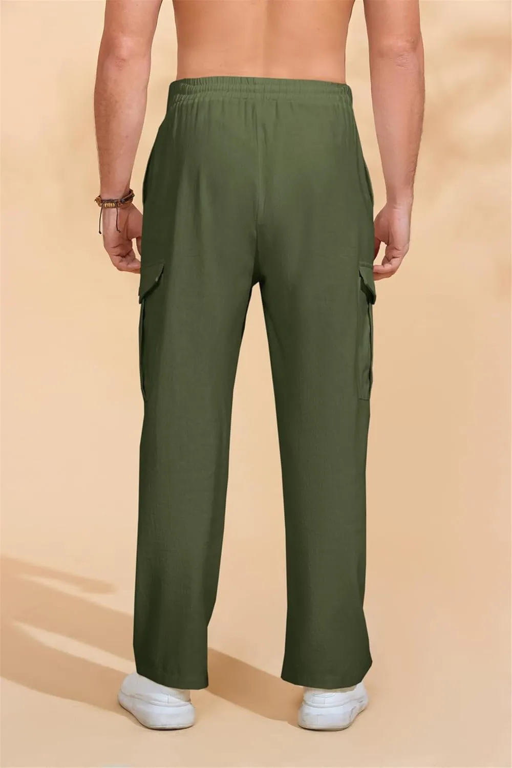 Mens Casual Cotton Pants Elastic Waist Drawstring Straight Pant Trousers Loose Breathable Cargo Outdoor Sweatpants