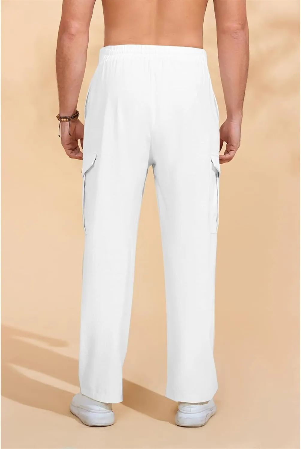 Mens Casual Cotton Pants Elastic Waist Drawstring Straight Pant Trousers Loose Breathable Cargo Outdoor Sweatpants