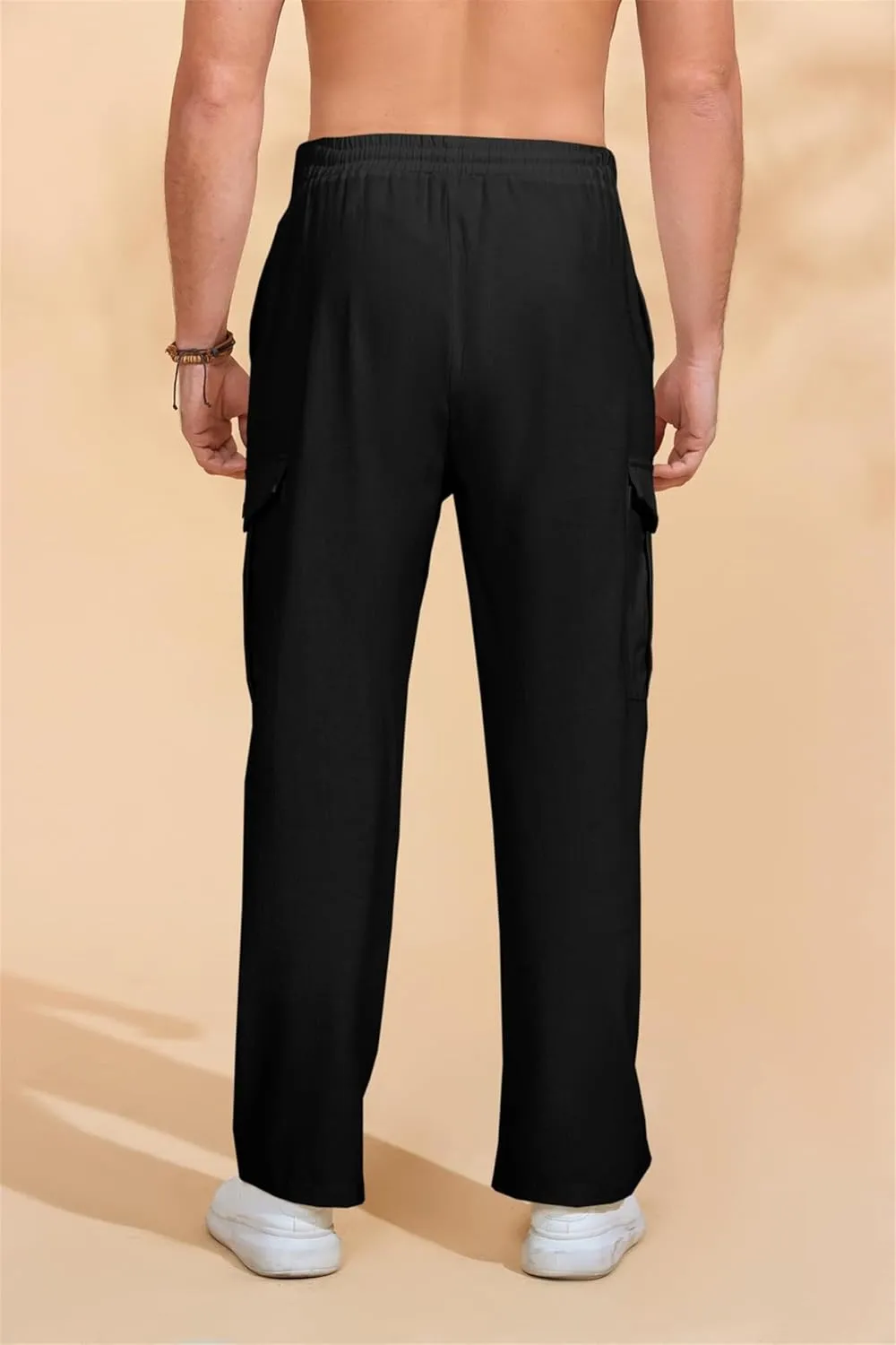Mens Casual Cotton Pants Elastic Waist Drawstring Straight Pant Trousers Loose Breathable Cargo Outdoor Sweatpants
