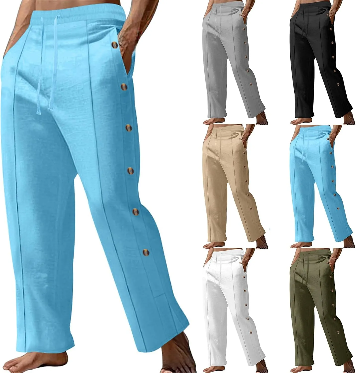 Men's Casual Linen Pants Elastic Waist Drawstring Beach Button Fly Loose Pants Lightweight Breathable Trousers