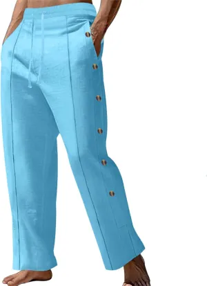 Men's Casual Linen Pants Elastic Waist Drawstring Beach Button Fly Loose Pants Lightweight Breathable Trousers