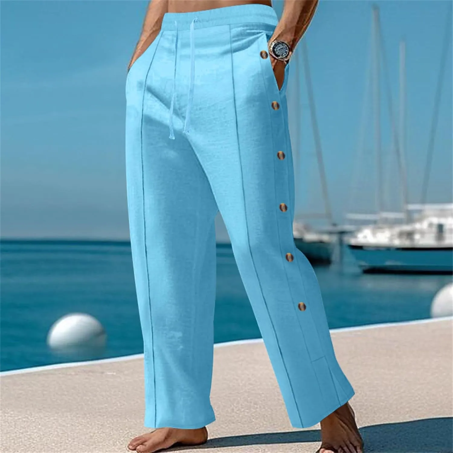 Men's Casual Linen Pants Elastic Waist Drawstring Beach Button Fly Loose Pants Lightweight Breathable Trousers