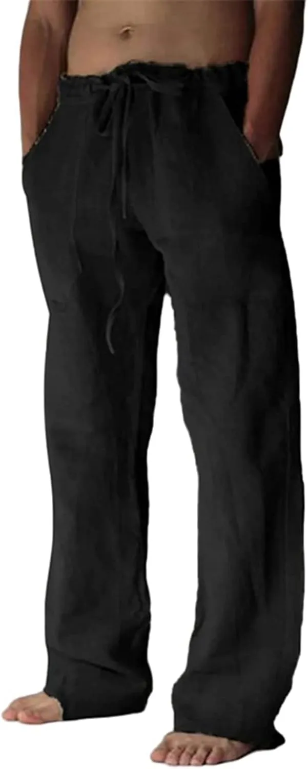 Mens Casual Linen Pants Loose Elastic Waist Drawstring Lightweight Sweatpants Fit Breathable Jogger Yoga Trousers